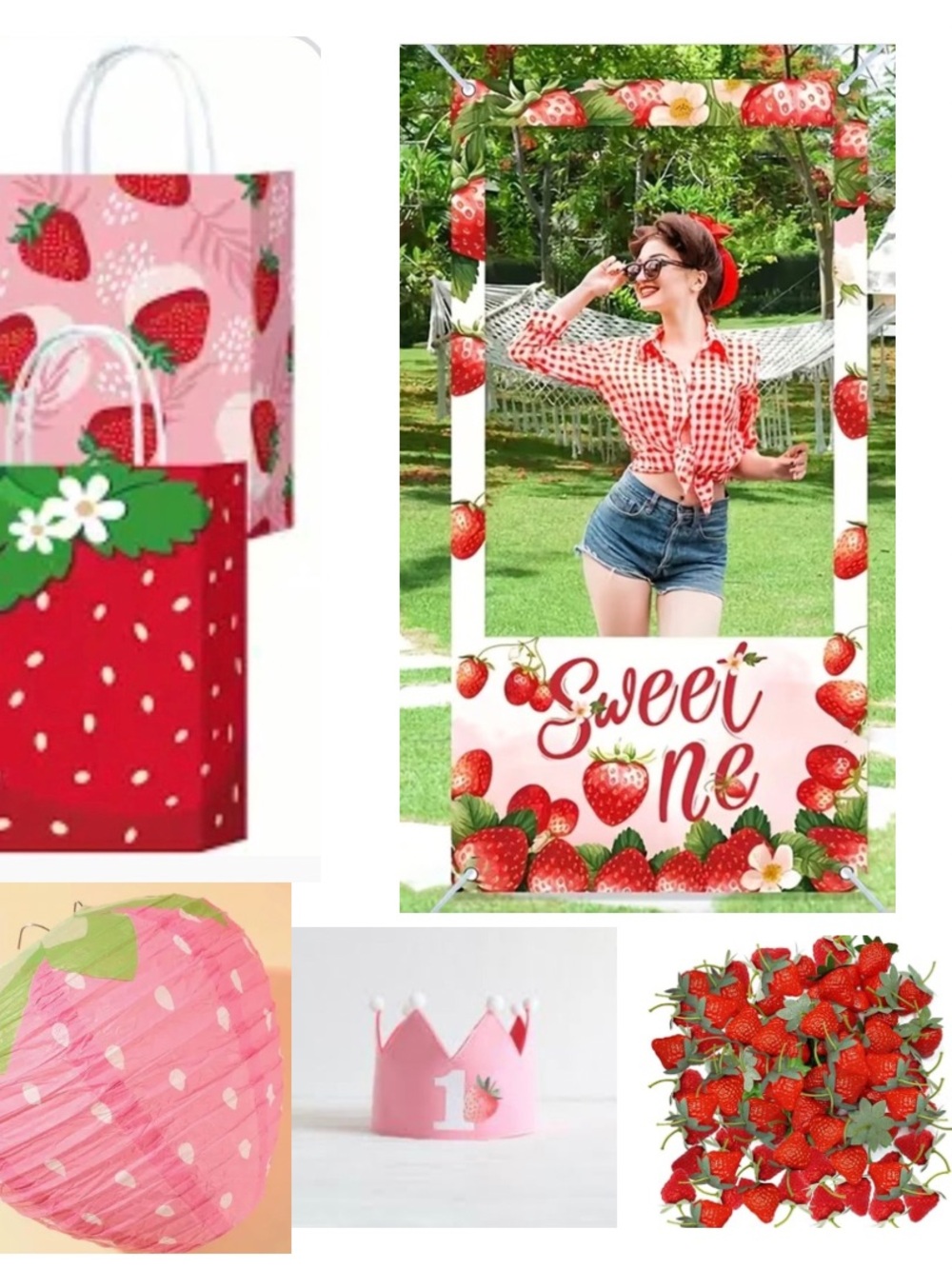 Strawberry Happy 1st Birthday Decoration Set - Red/Pink/Green/White